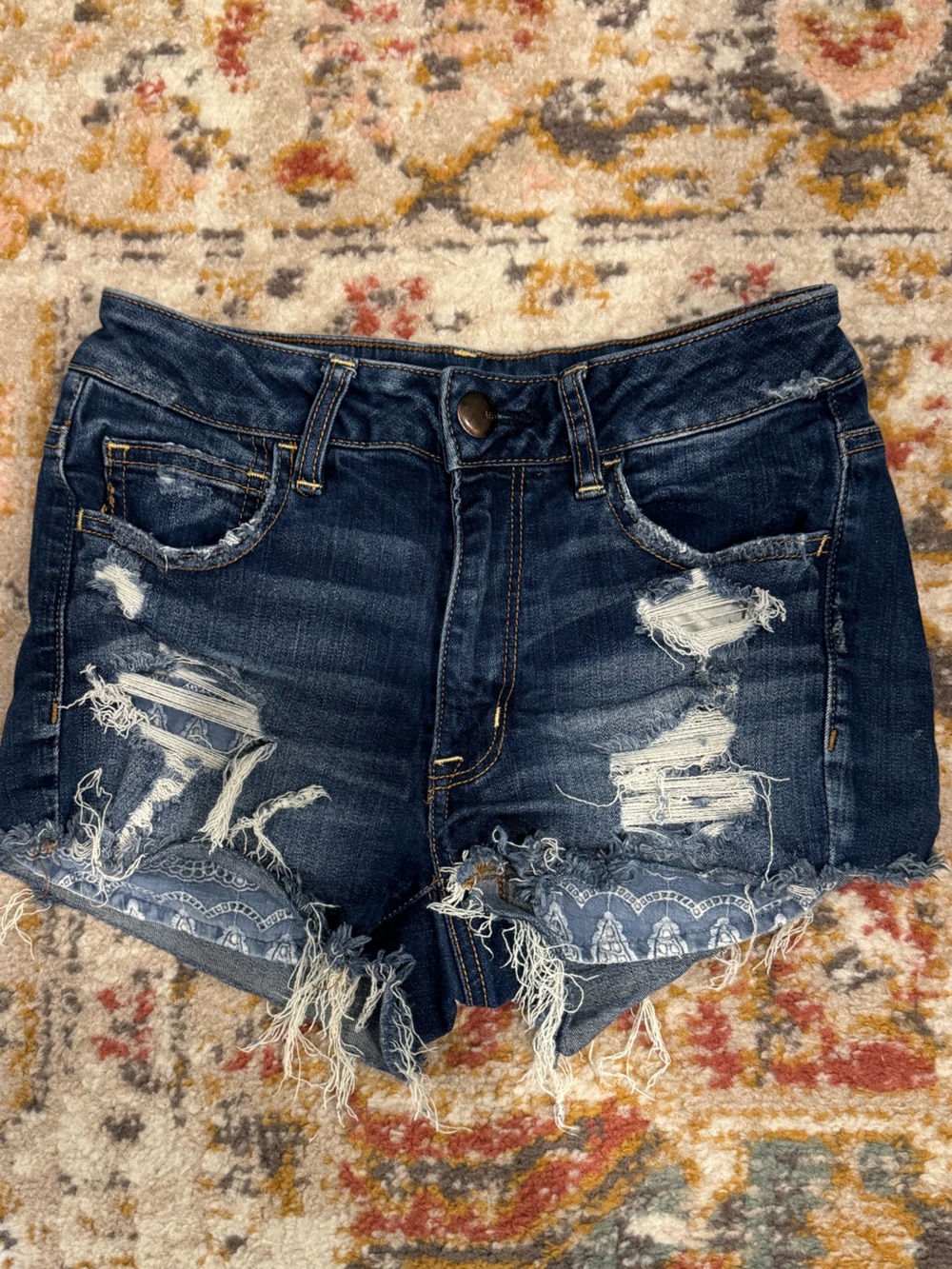 American Eagle Outfitters Dark Indigo Distressed Denim Shorts with Lace Trim